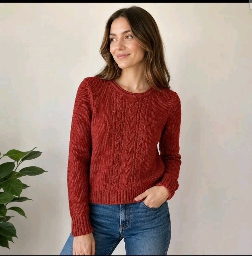 LL Bean Sz S Vintage Burnt Orange Cable Knit Sweater Fisherman Preppy Fall Top